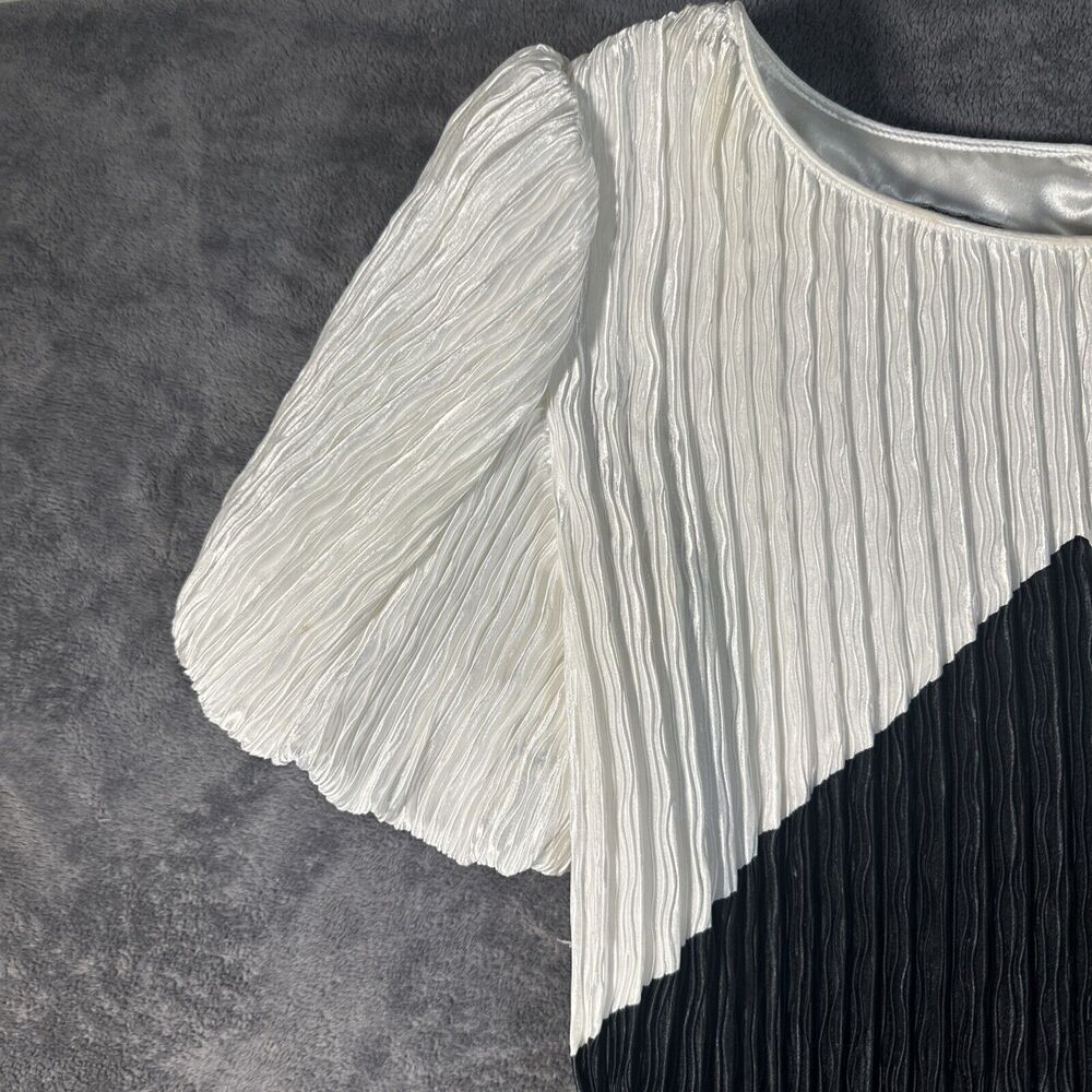 Edith Flagg VTG Pleated MIDI Dress S Black White Puff Sleeve Sequin Flapper Coco - Picture 3 of 12